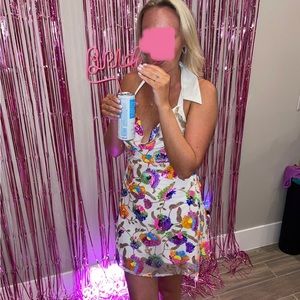 CHAMPAGNE SHOWERS HALTERNECK SLIP MINI DRESS SEQUIN FLORAL WHITE